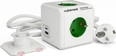 Produktbild von PowerCube Cubenest Extended USB PD 20W USB-A+C grün, 4x Steckdose, 1,5 m Kabel,, Erdung, Überspannungsschutz, max 16A/250V 3680W - F type schuko