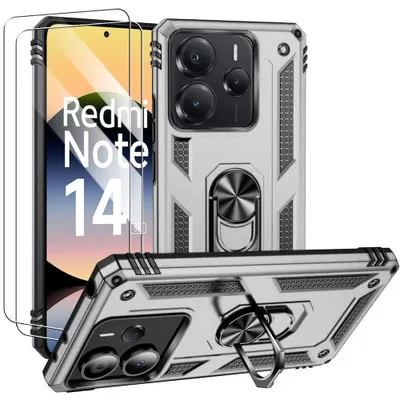 Image de Coque pour Xiaomi Redmi Note 14 5G (pas pour 4G) Protection Rigide Antichoc avec Anneau - Argenté + 2 Verres Trempés