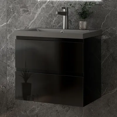 Produktbild von 60 cm Badmöbel-Set Unterschrank mit Dunkelgrau Mineralguss Waschbecken 2 Schubladen soft-close Hochglanz Schwarz Selbstmontierter