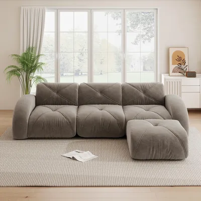 Imagen del producto de Sillón en forma de L, sofá modular, de tres plazas, sin necesidad de montaje, antideslizante, con reposapiés (color beige)