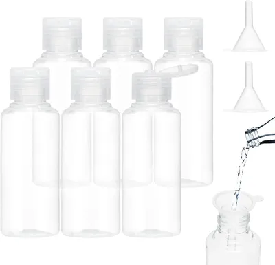 Zdjęcie produktu dla Zestaw butelek podróżnych 6 sztuk, 100 ml, przezroczysty, w tym 2 małe leje, do podróży