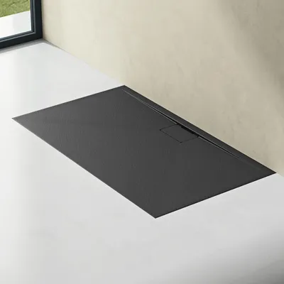 Image de doporro Receveur de Douche Bac à Douche Ultra Plat en Solid Surface Gris Noir Mat Geoma07 90x140x3cm avec Bonde AL06