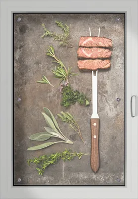 Produktbild von Wallario Lichtschutzbild, Dekorativer Sichtschutz Sonnenschutz 60 x 93 cm mit Motiv: Grillfleisch mit frischen Kräutern - Verdunklung ohne Bohren