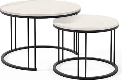 Productafbeelding van Ronde salontafel RAVEL 2-in-1 voor de woonkamer, met metalen poten in industriële stijl, diameter: 75 cm / 58 cm, kleur: wit marmer / zwart