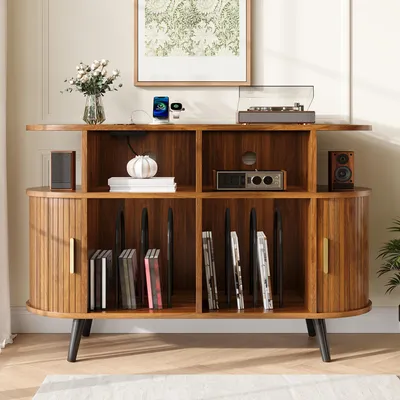 Productafbeelding van Merax Hi-Fi kast, dressoir met schuifdeuren, plankenkast met plankensteunen, commode met oplaadstation en kabeldoorvoer, MDF, notenhout