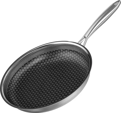 A stainless steel frying pan with a non-stick interior.