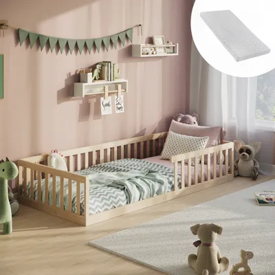Obrázek produktu pro Podlahová postel Dětská postel Postel s ochranou proti vypadnutí a roštem Montessori postel Dětská postel pro mládež Jednolůžko s matrací, přírodní, 90x200 cm