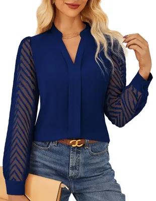 Productafbeelding van Dames Blouse met V-hals - Semi-transparante Mouwen - Donkerblauw