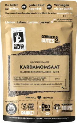A pouch of cardamom seeds with various marketing and informational text.