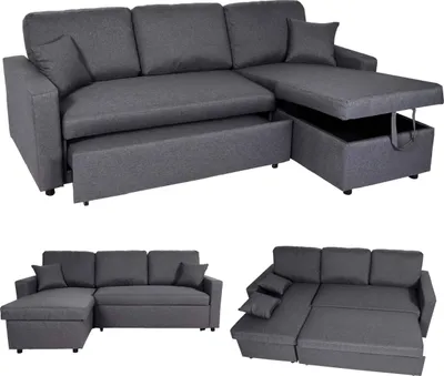 Immagine prodotto di Divano angolare con box letto HWC-L17, divano a L, superficie reclinabile Nosag a molle 228cm ~ grigio scuro