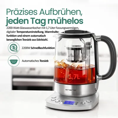 Produktbild von Emerio Glas-Wasserkocher 1,7 L – 2200 W – Digital – 5 Temperaturen – Warmhaltefunktion – Automatisches Teesieb – Edelstahl/Glas – WK-122248