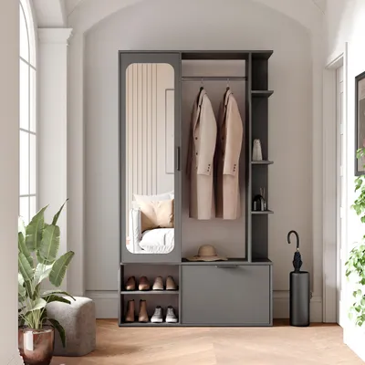 Produktbild von Garderobe mit Spiegel ELIOR links, Diamantgrau, moderner Flurschrank mit Stauraum, Kleiderstange und Ablagen