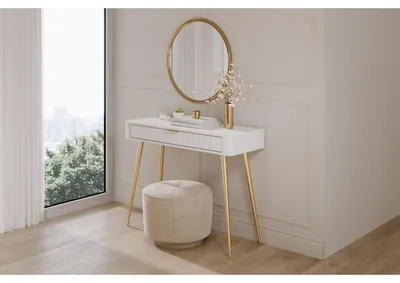 Produktbild von LATTE Schminktisch mit großer Schublade, weißer Schminktisch für Schlafzimmer und Zimmer, moderner Schminktisch mit geriffelten Fronten, Farbe: Weiß