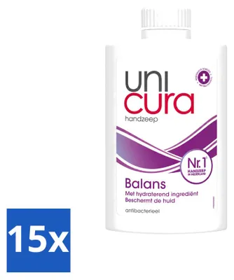 Imagen del producto de 15 unidades de recambio de jabón líquido Unicura Balans, 250 ml cada uno. Paquete económico