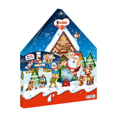 A Christmas-themed advent calendar shaped like a house, decorated with festive characters and scenes.