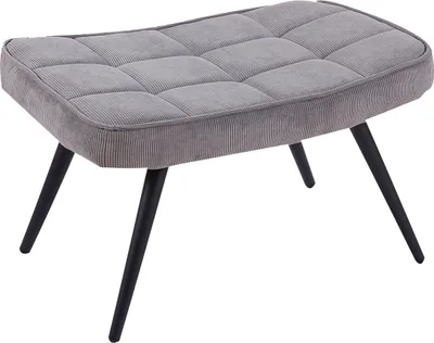 A gray upholstered ottoman with black metal legs is shown against a white background.