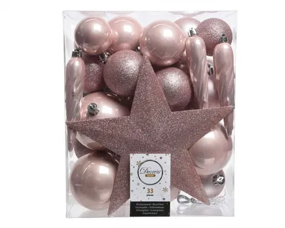 Produktbild von Weihnachtskugeln mit Christbaumstern Kunststoff rosa, 33er Set