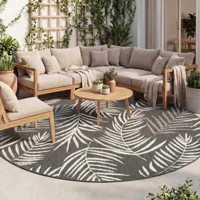 Produktbild von Volero - Outdoor Teppich Rund - Malta Leaves Schwarz - Ø 100 cm - Balkon, Garten, Terrasse, Flur - Boho, Ländlich, Skandinavisch