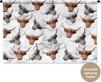 Produktbild von MuchoWow® Wandteppich Wandbehang Schottisches Hochlandrind - Marmor - Tiere 150x100 cm Tapisserie Dekoration Wandtuch - Waschbar - Tapisserien - Wand-Decke