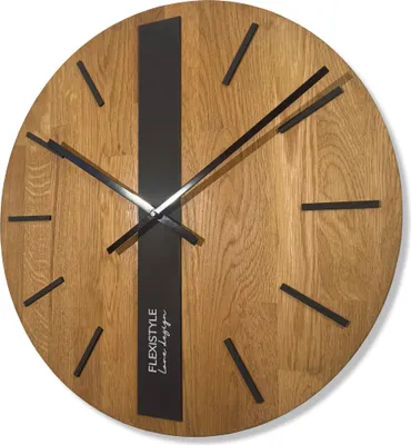 Produktbild von FLEXISTYLE Modern wanduhr ohne tickgeräusche modern wanduhren Holz Badezimmer Wohnzimmer Eiche (Schwarz Runden, 50cm)