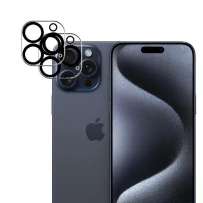 Zdjęcie produktu dla 2x folia ochronna na aparat do iPhone 15 Pro Max podwójna osłona obiektywu z czarnymi pierścieniami