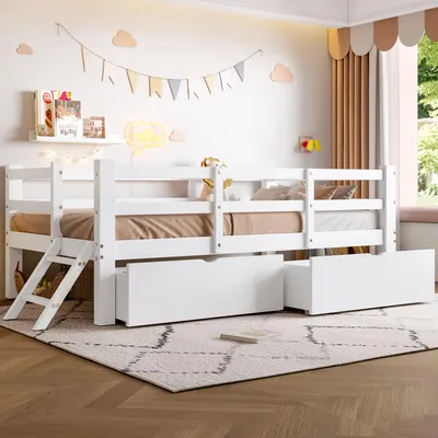 Zdjęcie produktu dla Łóżko platformowe 90x200 cm z barierą ochronną, 2 szufladami, 15 listew, wykonane z drewna sosnowego i MDF, konstrukcja blisko podłogi, kolor biały