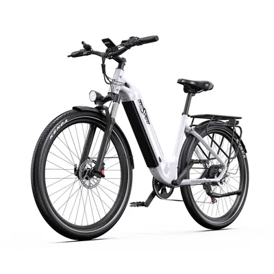 A white electric bicycle is shown against a white background.