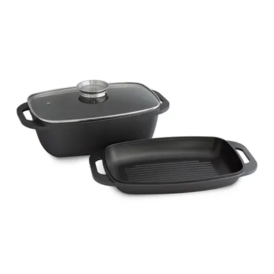 Produktbild von Aluguss Bräter 5,8 Liter inkl. Grilldeckel mit Aromaknopf, Schmorpfanne mit Dampfloch, antihaft Teflonbeschichtung bis 240°C