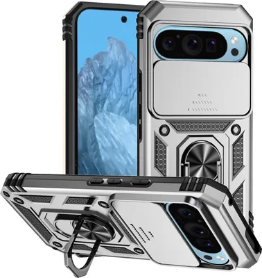 Produktbild von Hülle für Google Pixel 9 mit Schiebe Kamera Schutz und Ringhalter Ständer Schutzhülle Silber