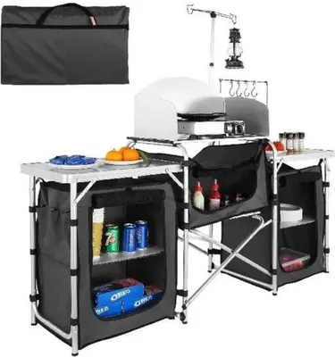 Immagine prodotto di Happyment Mobile da cucina da campeggio - Pieghevole e portatile - Mobile da cucina da esterno per campeggio, picnic e giardino - Alluminio e poliestere - Con borsa di stoccaggio