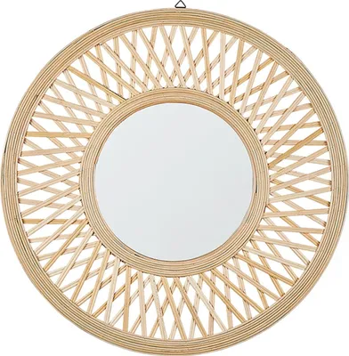 Produktbild von BELIANI Wandspiegel Heller Holzfarbton ø 60 cm Bambusholz mit originellen Verzierungen breiter Spiegelrahmen Rund Boho-Chic-Look