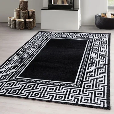 A black rug with a white geometric border is placed on a light-colored floor, with a fireplace and logs in the background.