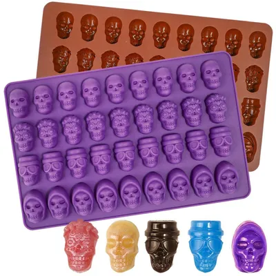 Image de Moules en silicone en forme de crâne, lot de 2, avec 76 cavités pour chocolats, bonbons, gelées, glaçons, idéal pour la pâtisserie d'Halloween