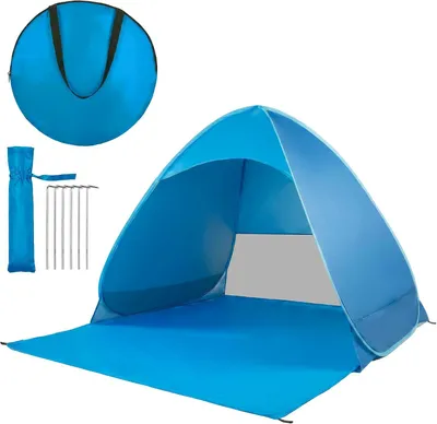 Produktbild von 4smile Pop Up Strandmuschel mit UV-Schutz 50+, Strandzelt für 2-3 Personen, Windschutz & Sonnenschutz, Tragbarer Wurfzelt mit Reißverschlusstür, Kleines Packmaß inkl. Tragetasche und Heringe - Blau