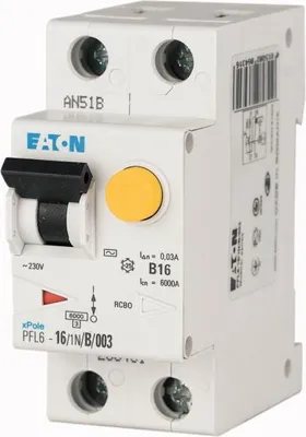 Immagine prodotto di Interruttore differenziale 1P+N, 10A, 0,03A, tipo AC, modello PFL6-10/1N/B/003, codice 286429