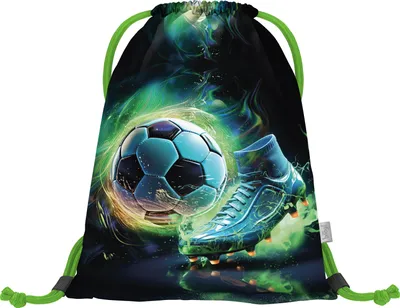A drawstring bag with a graphic design of a soccer ball and a soccer cleat with green and yellow energy effects.