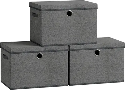 Productafbeelding van Opbergbakken met deksel - Set van 3 - Opvouwbare stoffen kastorganizer - 42,9 x 30 x 30 cm - Leisteengrijs