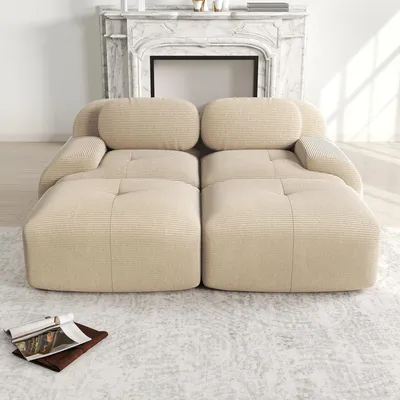 Produktbild von 2-Sitzer-Sofa aus Cordstoff, modular kombinierbar mit Chaiselongue, rutschfest, ergonomische Armlehnen und hochelastische Polsterung für Wohnzimmer und Schlafzimmer, Beige