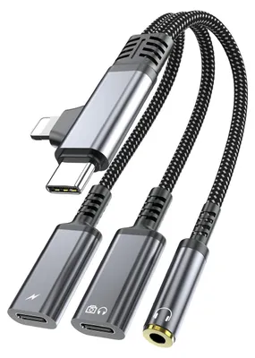 Produktbild von 2-in-1 Kopfhörer Adapter USB-C + Lightning, 3,5mm Klinke & USB-C Audio, Hi-Fi Sound, Ladefunktion, für iPhone, iPad & Android, ideal für unterwegs