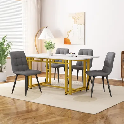 Produktbild von Küchen-/Esszimmer-Set: Moderner goldener Esstisch (120×70cm, goldene Eisenbeine) + 4 dunkelgraue Leinenstühle