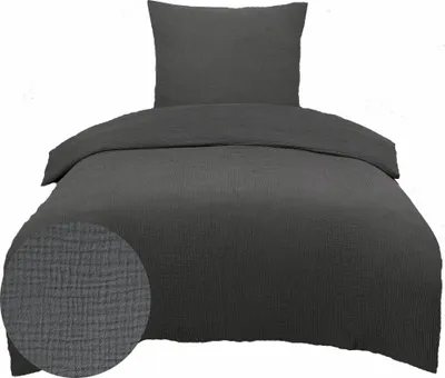 Produktbild von 2-tlg. Musselin Baumwoll Bettwäsche, 135x200 +80x80cm, uni/einfarbig grau, bügelfrei