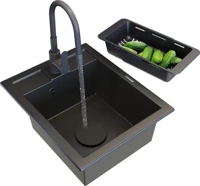 Obrázok produktu pre Granitan – umývačka z granitu – kuchynská umývačka – umývačka 50 × 40 cm – čierna – s batériou a odkvapkávačom – BEST