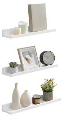 Image de Étagère murale, étagère suspendue, lot de 3, 10 x 38 cm, étagère murale pour cadres et livres, étagère photo pour le salon, la chambre, la salle de bains, la cuisine, blanche LWS38WT