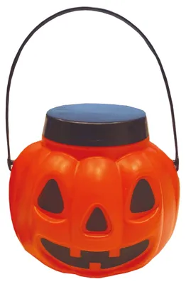 Productafbeelding van Halloween pompoemmer, griezeldecoratie, feestaccessoires, pompoenmotief, oranje. Sfeervolle aanvulling, feestelijke sfeer, decoratieaccessoire, griezelig, mooie decoratie, horrorfeest. Emmer, design, kleur: oranje
