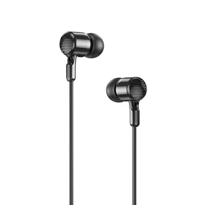 A pair of black wired in-ear headphones against a white background.