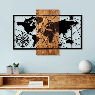 Immagine prodotto di Wallity, Mappa del mondo 3-M, Accessorio decorativo da parete in legno, 100 % LEGNO / METALLO, Noce, 57 x 84 cm