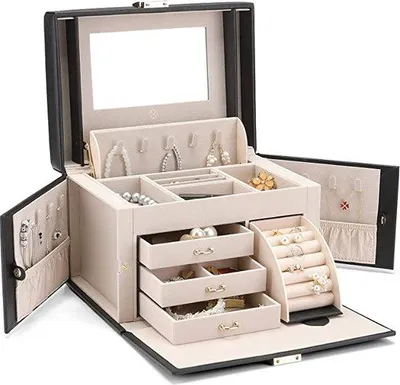 Immagine prodotto di Scatola portagioie Famanu per donna, color beige, con 3 cassetti