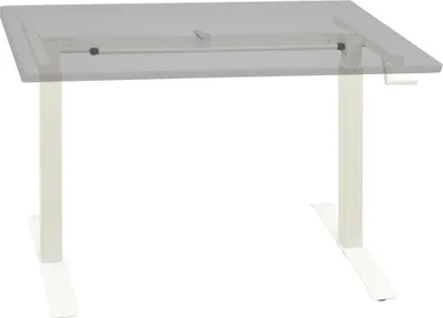 A white adjustable standing desk frame with a hand crank on the right side, shown against a white background.
