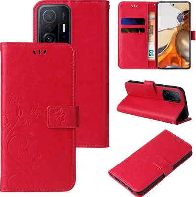 Produktbild von Handyhülle für Xiaomi 11T / 11T Pro Floral Blumen Schmetterling Flip Cover Hülle Case Klapphülle Handytasche Farbe: Rot