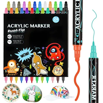 Zdjęcie produktu dla Markery akrylowe, 24 kolory, wodoodporne, podwójna końcówka, 1-5 mm, do malowania na kamieniach, szkle, drewnie, tkaninach, zestaw do rękodzieła, wielokolorowe